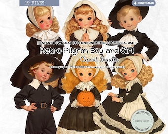 Retro Pilgrim Boy and Girl Clipart, Vintage Fall Harvest Day, Thanksgiving, Autumn, Kids, Hat, Bonnet, Pumpkin, Cornucopia, PNG Scrapbooking