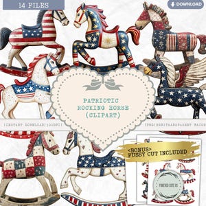 Clipart de Cavalo de Balanço Patriótico, Cavalo de 4 de Julho, Cavalo Vintage Americana PNG, Cavalo de Madeira, Cavalo Cowboy dos EUA, Carrossel, PNG Fussy Cut