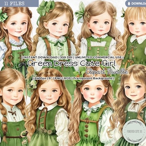 Grünes Kleid süßes Mädchen Clipart-Set, Herbst, Herbst, Thanksgiving, Ganzkörper, Mode, Dolly, digital bedruckbar, PNG, Scrapbook, Junk Journal