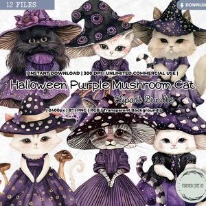Clipart chat champignon violet Halloween, chat noir, Cottagecore, automne, automne, champignon vénéneux, sorcière, poupée, imprimable, PNG Scrapbooking Junk Journal