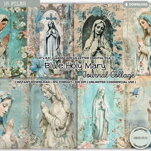Blauwe Heilige Maria dagboek collageset, moeder Maria, Maagd Maria, junk Journal Kit, katholiek, gebed, dankbaarheid, religieus, digitaal afdrukbaar