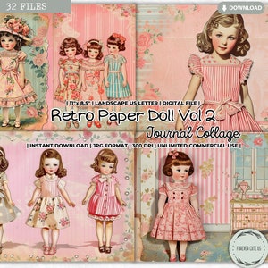 Foglio collage di diario bambola di carta retrò, immagini bambola di carta vintage, digitale, artigianato di carta, scrapbooking, bambola di carta stampabile, FOREVERCUTEUS