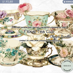 Set di clipart di tazze da tè floreali, clipart di tazze da tè vintage con acquerello, shabby chic, primavera, estate, clipart di tazze da tè, PNG, diario spazzatura, scrapbooking