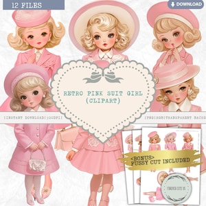 Clipart di ragazza retrò in abito rosa, donna in carriera, donna d'ufficio, reale, fascinator, pochette, vestirsi, moda, bambola di carta, vintage, PNG, album di ritagli