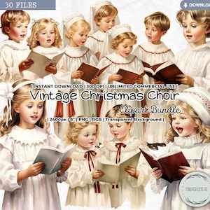 Pacchetto di clipart di cori natalizi vintage, classici, invernali, festività, retrò, cantanti nostalgici, spirito, chiesa, cantanti, canto, vesti, PNG