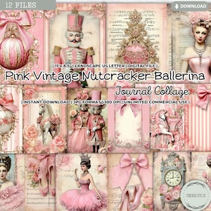 Feuille de collage vintage rose casse-noisette ballerine, hiver, vacances, Noël, minable, ballet, souris, pastel, papier imprimable