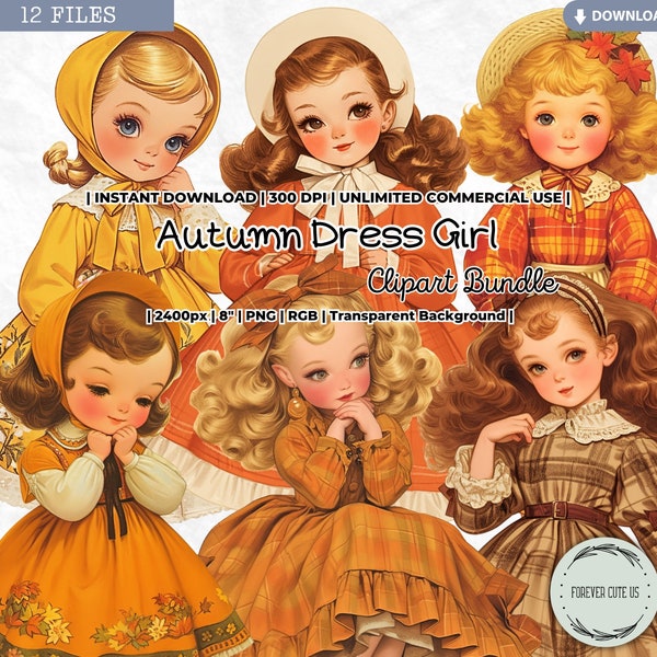 Autumn Dress Girl Clipart, Watercolor Vintage Thanksgiving, Retro Fall PNG Digital Download Card Making Scrapbook Junk Journal Paper Crafts