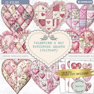 Valentijnsdag patchwork harten clipart, hartvorm, liefde, bruiloft, zoet, XOXO, kussen, kussen, roze, rood, aquarel, shabby chic, png