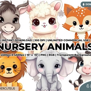 Bundle de cliparts animaux de la chambre, clipart animaux mignons, animaux de la forêt PNG, PNG Bundle, âne, Lion, renard, éléphant, lama, vache Clip Art