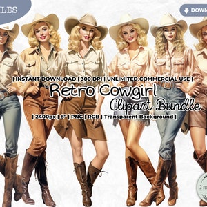 Ensemble de cliparts fille cow-girl rétro, western, cow-boy, chapeau, bottes, denim, mode, agenda, vintage, Paper Doll PNG, papier pour scrapbooking indésirable