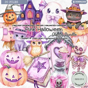 Różowy Halloween Clipart, Pastelowy, Nawiedzony Dom, Duch, Czarownica, Czarny Kot, Sowa, Dynia, Mikstura, Szkielet, Słodki, Cukierek, Cukierek albo psikus, PNG