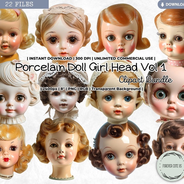 Porcelain Doll Girl Head Clipart Bundle, Vintage, Retro, Antique, Fashion, Paper Doll, Girl, Digital, PNG, Scrapbook Junk Journal, Printable