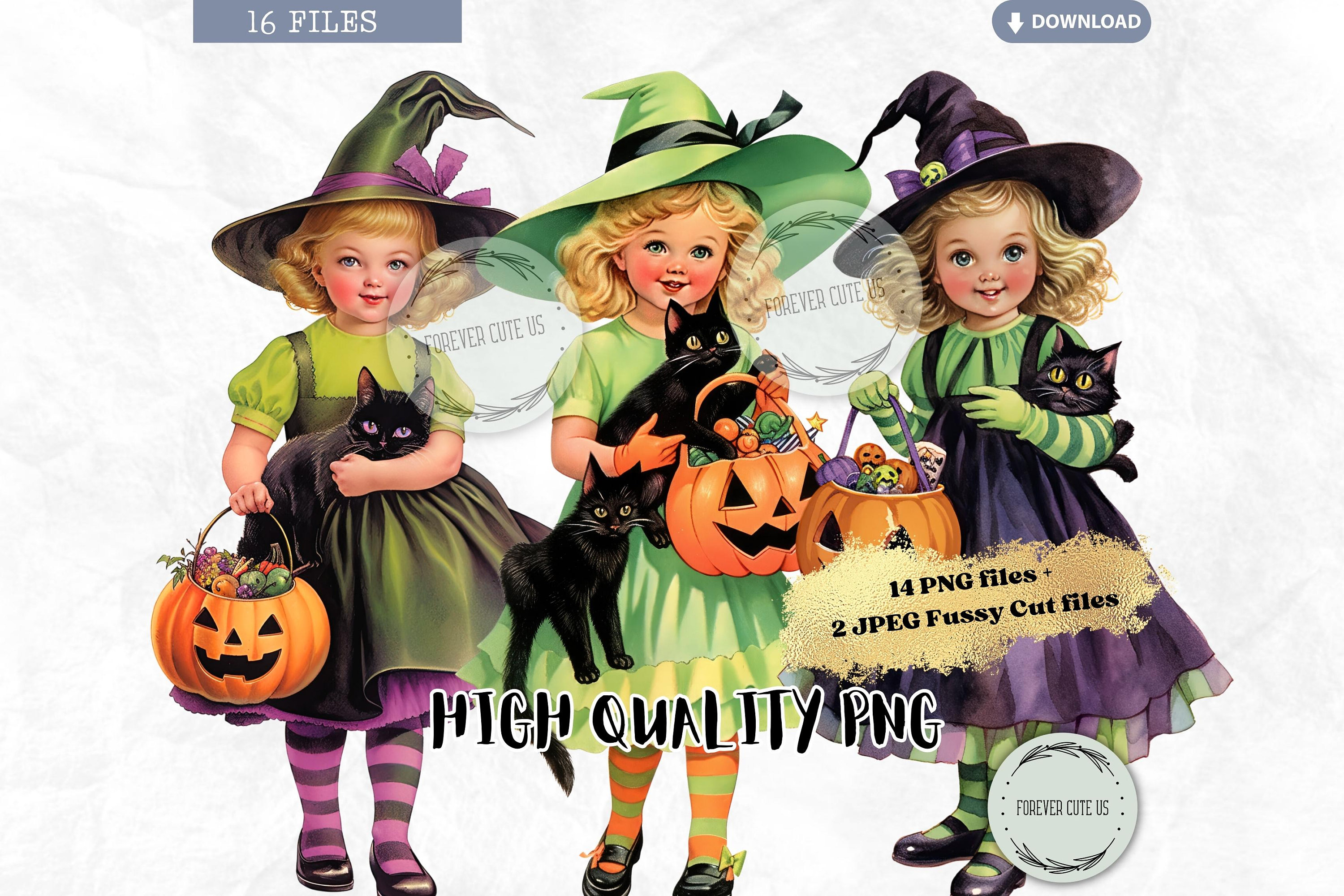 Little Vintage Witch Clipart Bundle Black Cat Retro Etsy