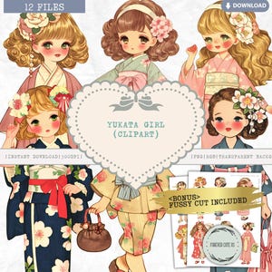 Clipart fille Yukata, fille Japon rétro, Kawaii, Festival Hanami, asiatique, été, Matsuri, Kimono, Sakura, mode, Paper Doll, vintage, PNG