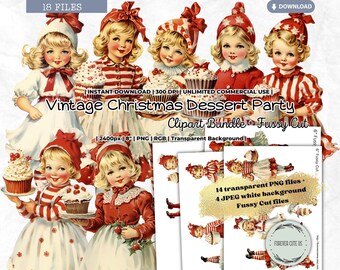 Vintage Christmas Dessert Party Clipart Set, Cupcake, Cake, Muffin, Little Girl, Dress, Winter, Holidays, Tea Party, PNG, Journal, Fussy Cut