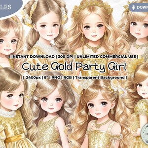Gold Party Girl Clipart Bundle, Urlaub, Weihnachten, Hochzeit, Feier, Anzieh Mode, Glamour, Prinzessin, Abschlussball, Heimkehr Tanz