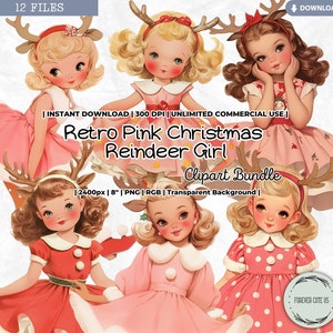 Retro roze kerst rendier meisje clipart, ree, baby hert, edelhert, vintage, vakantie, pastel, winter, png plakboek ongewenste dagboek