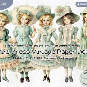 Bundle de cliparts vintage Paper Doll robe menthe, mode, victorien, Antiquités, numérique, imprimable, PNG, scrapbooking journal indésirable papier artisanat