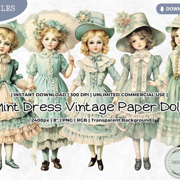 Mint Dress Vintage Paper Doll Clipart Bundle, Fashion, Victorian, Antique, Digital, Printable, PNG, Scrapbook Junk Journal Paper Craft