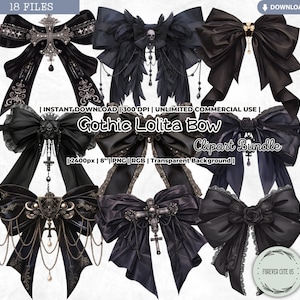 Gothic Lolita Bow Clipart Set, Fashion, Retro Black Lace, Ribbon, Bowtie, Vintage, Dark Goth, Doll, Victorian, PNG Scrapbook Junk Journal