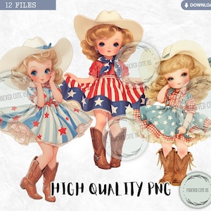 May include: Three girls wearing red, white, and blue dresses and cowboy hats. The girls are standing on a white background. The image is a high quality PNG.