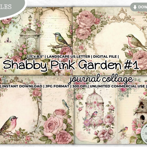 Shabby Pink Garden Junk Journal Collage Sheet, Bird, Bird Cage, Bird House, Pastel, Cottagecore, Bird Watching Log Book, Scrapbooking Papers