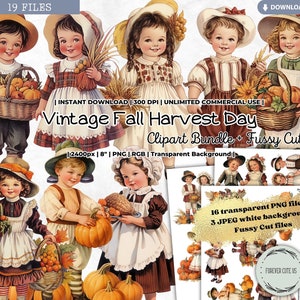 Vintages Herbst-Erntetag-Clipart-Bundle, kleiner Junge, kleines Mädchen, Thanksgiving, Kürbis, Füllhorn, Pilger, Herbst, Herbst, PNG, Pingeliger Schnitt