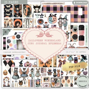 Halloween Wonderland Junk Journal Ephemera Kit, Pastel Gothic Alice in Wonderland Printable Tags, Labels, Pocket, Fussy Cut, Tickets, PDF