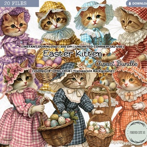 Clipart chaton de Pâques, clipart chat, minou, chasse aux œufs, panier, robe Vichy, vintage, victorien, antiquité, PNG, scrapbooking journal indésirable