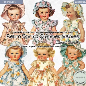 Retro Spring Summer Babies Clipart, Vintage, Dress, Little Girl, Infant, Toddler, Cute, PNG, Digital, Printable, Scrapbooking, Junk Journal