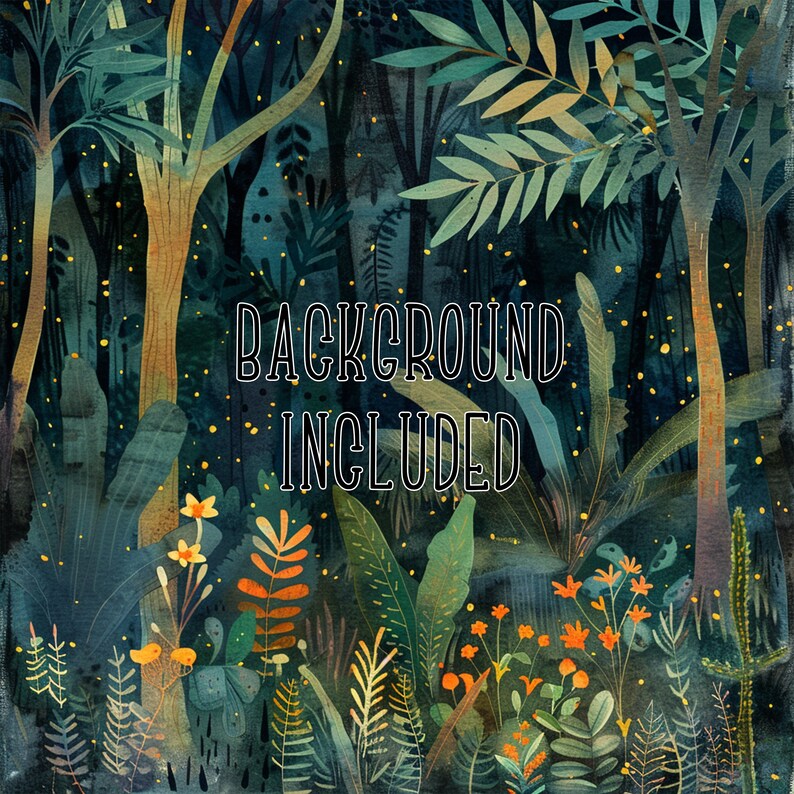 May include: A digital illustration of a dark green forest with a background of gold glitter. The text "BACKGROUND INCLUDED" is in the center of the image.