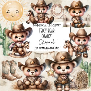 Ours en peluche Cowboy, Clipart Cowboy, Cowboy Png, Clipart bébé, lot de cliparts, fichier PNG, fond Transparent, téléchargement numérique
