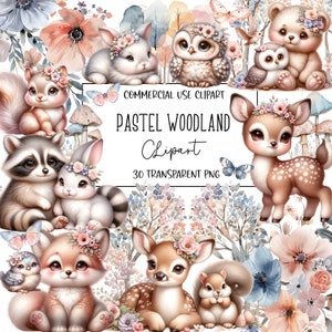 Pastel Woodland Clipart, Watercolor Clipart, Woodland Png, Woodland Animals, PNG File, Transparent Background, Instant Digital Download