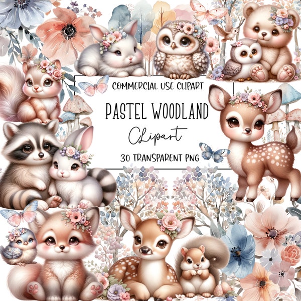 Pastel Woodland Clipart, Watercolor Clipart, Woodland Png, Woodland Animals, PNG File, Transparent Background, Instant Digital Download