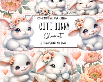 Cute Bunny, Rabbit, Bunny Clipart, Cute Bunny Png, Watercolor Clipart, Bunnies, PNG File, Transparent Background, Instant Digital Download