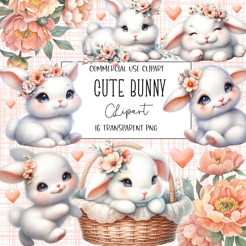 Puede incluir: Un conjunto de 16 im&aacute;genes de clipart digital que presentan adorables conejos de dibujos animados con diademas florales. Los conejos son blancos con narices rosadas y ojos azules. Las im&aacute;genes son perfectas para agregar un toque de fantas&iacute;a a tus dise&ntilde;os.