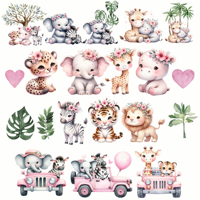 May include: Watercolor illustrations of various jungle animals, including a zebra, giraffe, elephant, lion, tiger, hippopotamus, and leopard. The animals are depicted in a cute and whimsical style, with pink flowers and leaves surrounding them. Some of the animals are riding in pink jeeps.