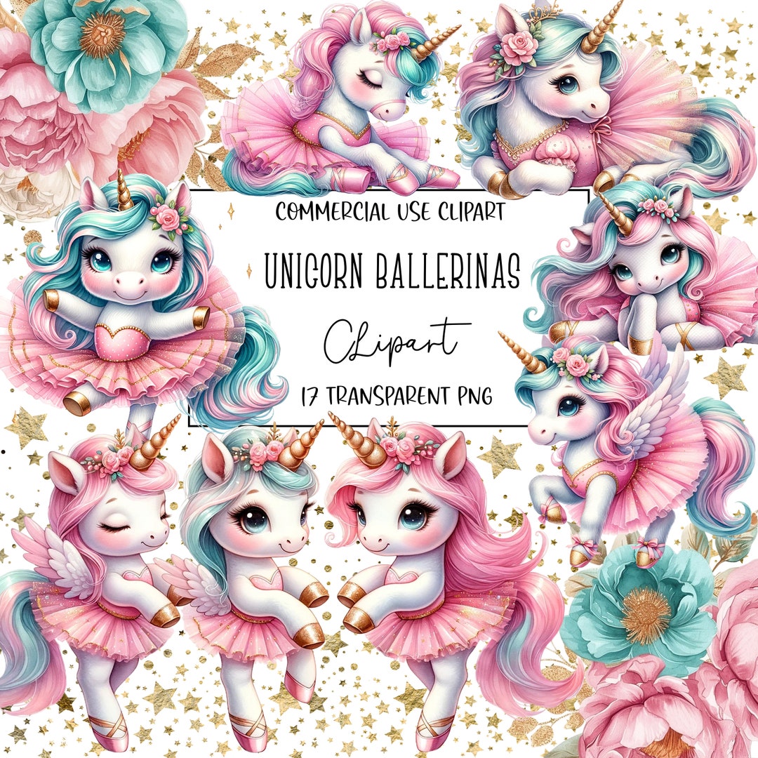 Ballerina Unicorns, Watercolor Clipart, Unicorn Clipart, Clipart Bundle