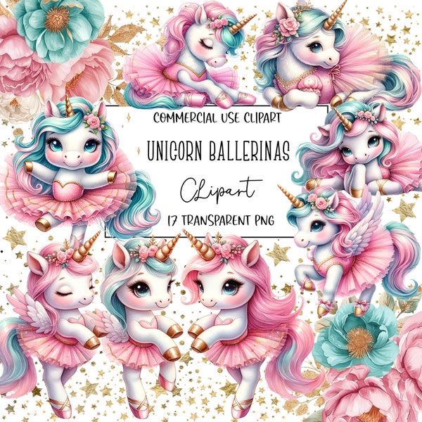 Ballerina Unicorns, Watercolor Clipart, Unicorn Clipart, Clipart Bundle, Unicorn Png, Transparent Background, Instant Digital Download