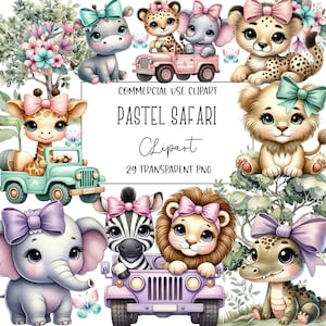 Pastel Safari, Safari Clipart, Safari PNG, Girl Safari, Nursery Clipart, Clipart Bundle, Cumpleaños Clipart, Animales de la Selva, Descarga Digital