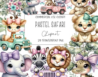 パステル サファリ、サファリ クリップアート、サファリ PNG、女の子のサファリ、保育園のクリップアート、クリップアート バンドル、誕生日のクリップアート、ジャングルの動物、デジタル ダウンロード