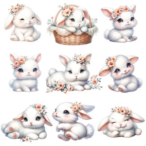 Puede incluir: Nueve ilustraciones de conejos blancos con coronas de flores rosas. Los conejos est&aacute;n en varias poses, incluyendo sentados, acostados y de pie. Algunos de los conejos sostienen flores.