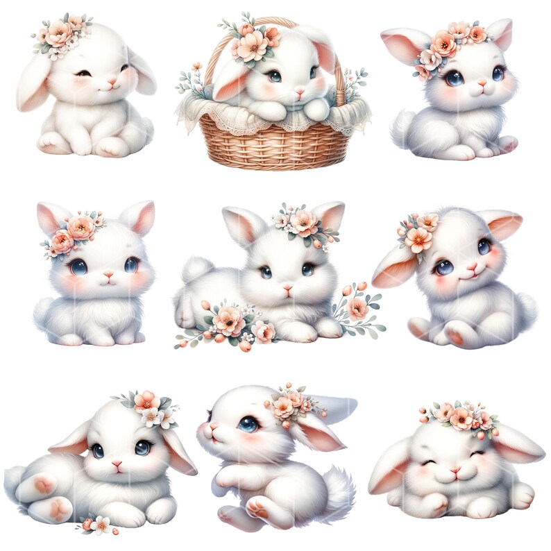 Puede incluir: Nueve ilustraciones de conejos blancos con coronas de flores rosas. Los conejos est&aacute;n en varias poses, incluyendo sentados, acostados y de pie. Algunos de los conejos sostienen flores.