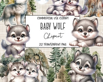 Baby Wolf, Wolf Clipart, Wolf Png, Nursery Clipart, Clipart Bundle, Birthday Clipart, Jungle Animals Png, Instant Digital Download