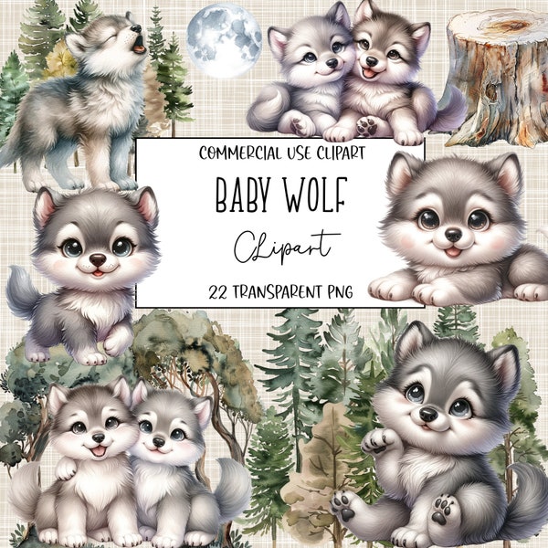 Baby Wolf, Wolf Clipart, Wolf Png, Nursery Clipart, Clipart Bundle, Birthday Clipart, Jungle Animals Png, Instant Digital Download