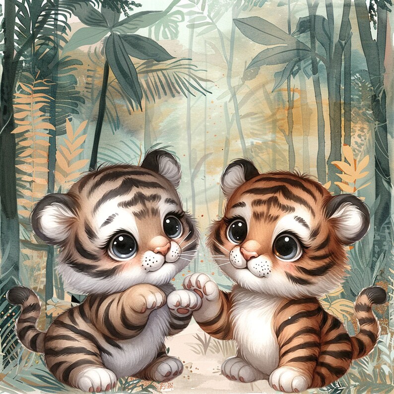 May include: Two adorable tiger cubs with brown and black stripes, large eyes, and fluffy fur are sitting in a jungle setting. The cubs are facing each other and appear to be playing.