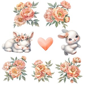 Puede incluir: Una ilustraci&oacute;n digital de dos conejos blancos con coronas de flores rosas, rodeados de peon&iacute;as rosas y melocot&oacute;n. Un coraz&oacute;n rosa est&aacute; en el centro de la imagen.