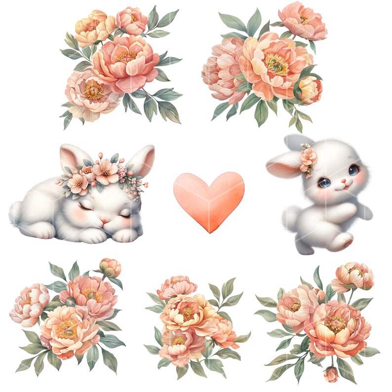 Puede incluir: Una ilustraci&oacute;n digital de dos conejos blancos con coronas de flores rosas, rodeados de peon&iacute;as rosas y melocot&oacute;n. Un coraz&oacute;n rosa est&aacute; en el centro de la imagen.