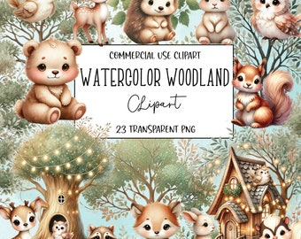 Bosque de acuarela, casa en el árbol, clipart de acuarela, conejos, archivo PNG, fondo transparente, descarga digital instantánea