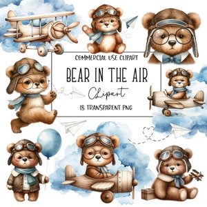 Ours dans les airs, clipart aquarelle, clipart ours, aviateur, bébé garçon, ours aviateur, fichier PNG, fond Transparent, téléchargement numérique
